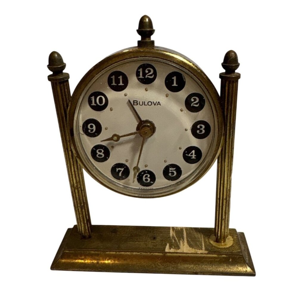 Bulova Brass Desk Clock Manual Wind Up Alarm 3.5" Tall Classic Tested